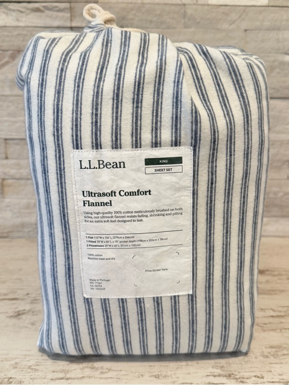 L.L. Bean King Ultrasoft Comfort Flannel Sheet Set Mariner Blue Stripe NWT $200
